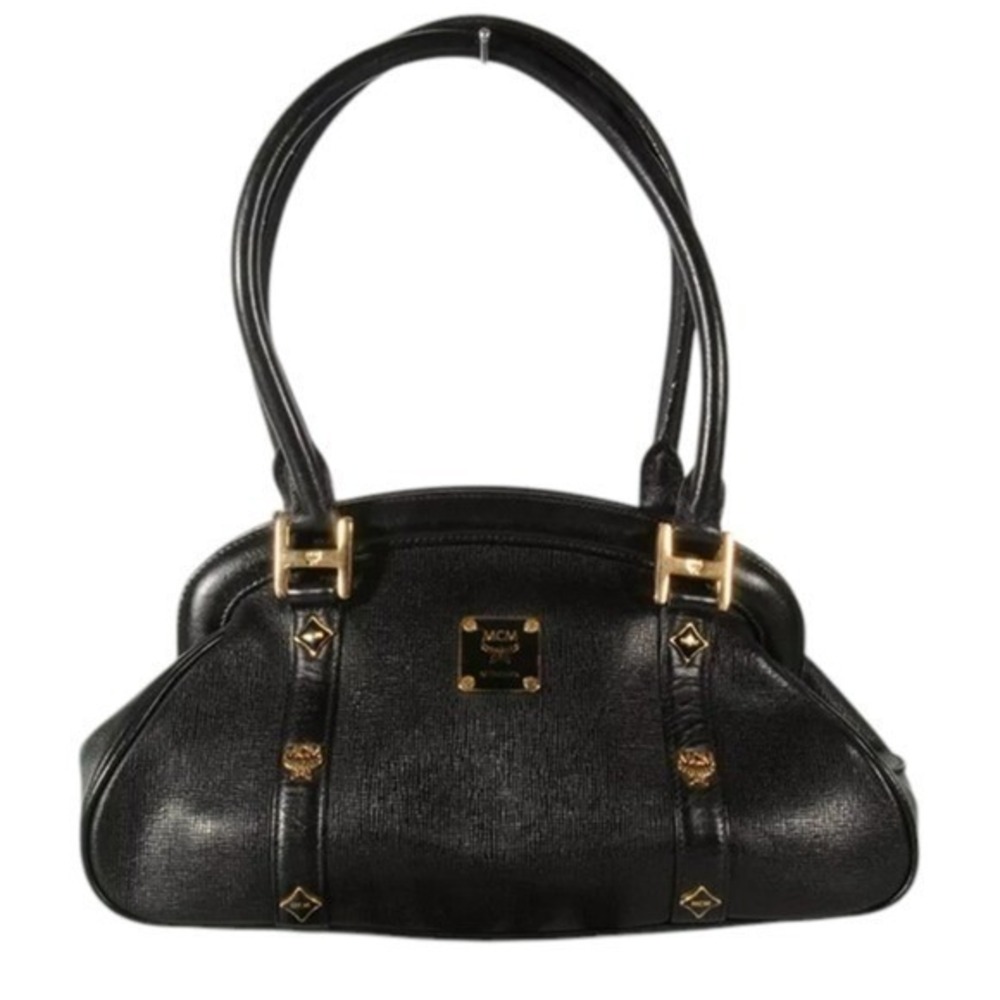 MCM Munchen Black Textured Leather Satchel Gold Hardware Doctor Bag Handbag